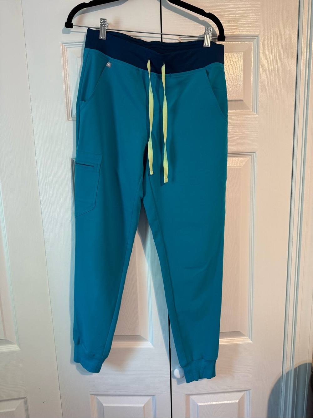 Figs Teal Jogger Scrub Pants with Navy Waist and Yellow Drawstring